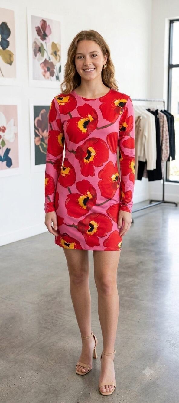 Carolina Herrera Red Floral Long Sleeve Mini Dress Small